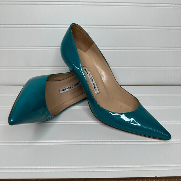 Manolo Blahnik teal pointed toe pump patent leather 41, 10.5 US - Picture 1 of 16